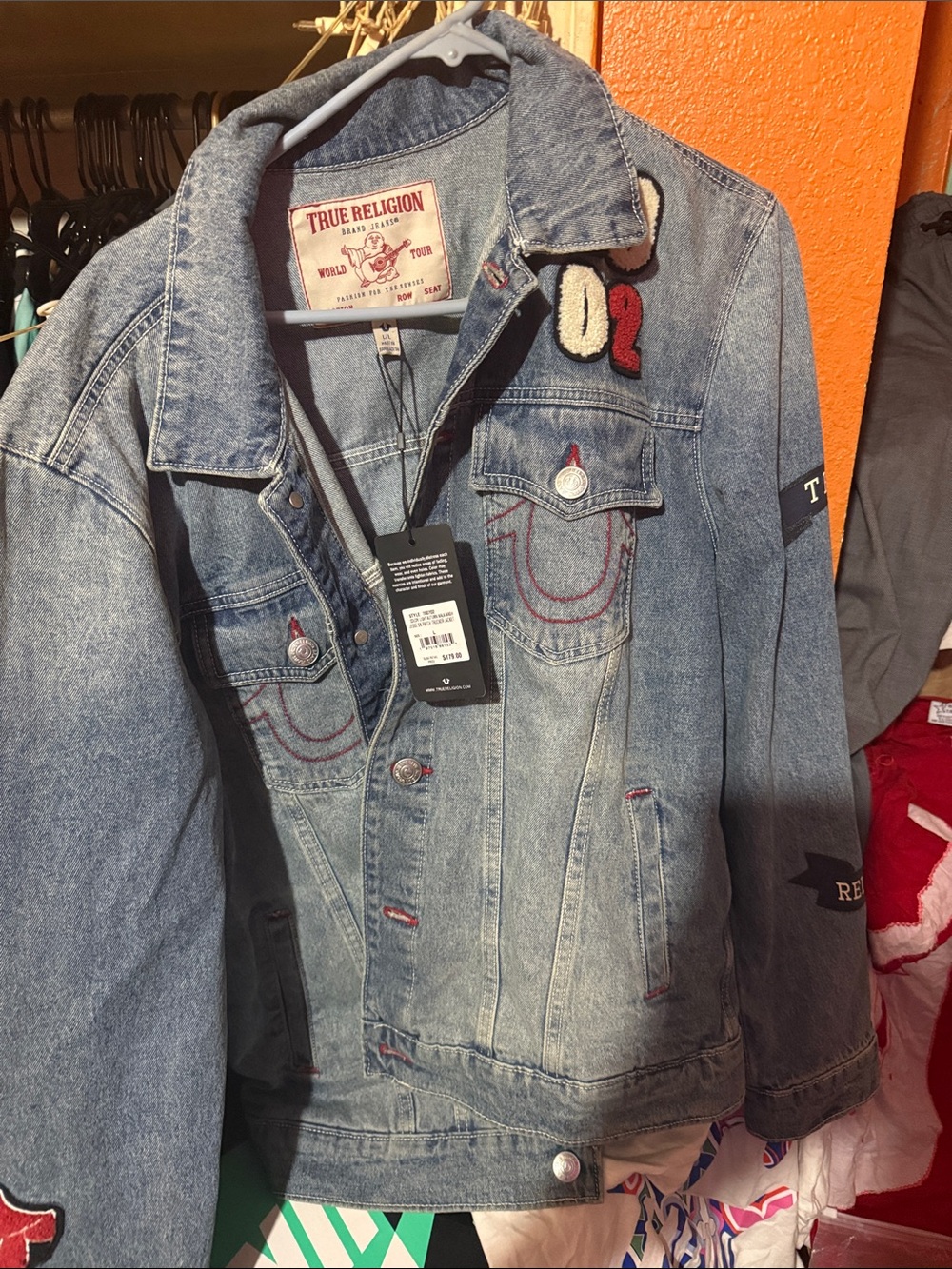 True Religion Light Blue Washed Denim Jacket with Embroidered Accents